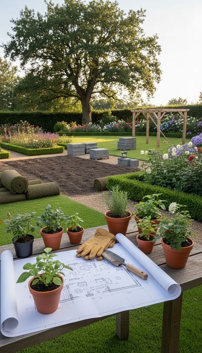 Pflanztisch mit Gartenplan, Handschuhen und Pflanzen vor einem Garten mit Beeten.