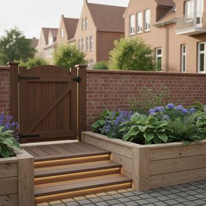 Edle Holzterrasse mit modernen Möbeln