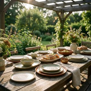 Stilvolles Keramikgeschirr auf dem Gartentisch